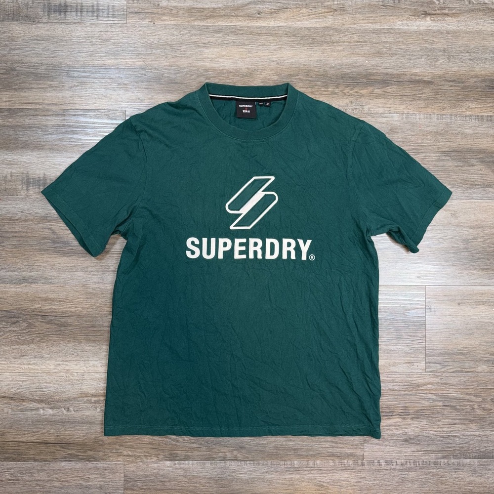 Superdry Shirt Mens Medium Short Sleeve Stacked Logo Mid Pine Green Stylish